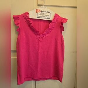 Pink Ruffle Sleeve Top with Floral V-Neck